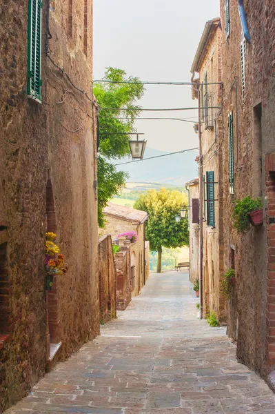 Gedraaide middeleeuwse straten met kleurige bloemen en groene planten — Stockfoto