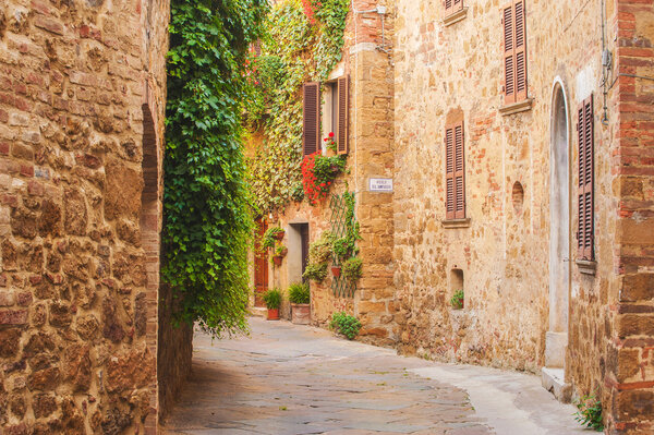 Twisted medieval streets with colorful flowers and green plants in Castelmuzio, Italy