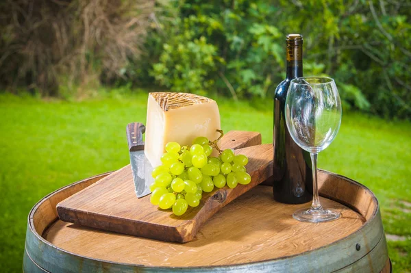 Rotwein und Trauben mit Pecorino-Käse der Toskana, Italien — Stockfoto