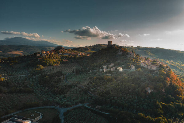 Drone Fly Rocca Orcia Italy Sunset Italy Stock Photo