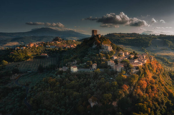 Drone Fly Rocca Orcia Italy Sunset Italy Royalty Free Stock Images