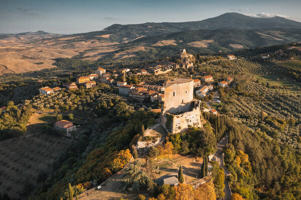 Drone Fly Rocca Orcia Italy Sunset Italy Stock Picture
