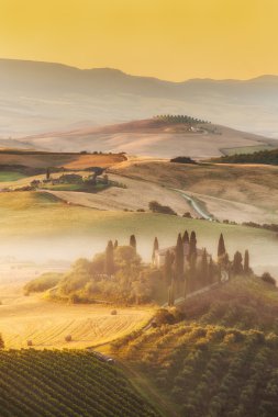 Beautiful sunrise over the Val d'Orcia in Tuscany, natural park clipart