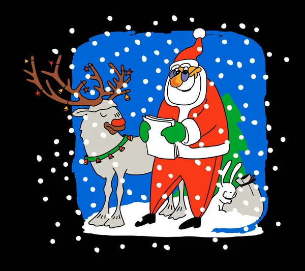 Візуальне Зображення Діда Мороза Різдвяна Листівка Мішок Подарунками Різдвяний Олень — стоковий вектор