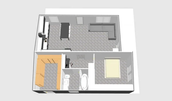 One bedroom, tiny house, 3D plan, open concept, with one bathroom, office, pantry- storage room