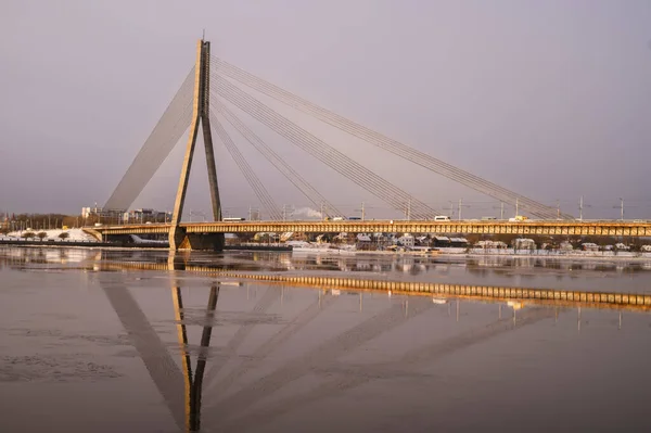 Road Welded Metal Cable Stayed Bridge Daugava Riga — стокове фото