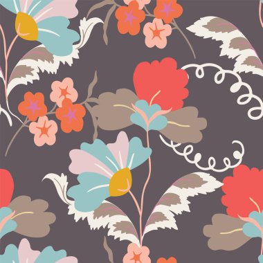 Güzel, koyu sonbahar, turuncu, sarı çiçekli ve yapraklı kusursuz desen taşıyıcısı. Moda, kumaş ve kahverengi arkaplandaki tüm izler için rengarenk arkaplan deseni.