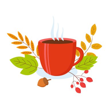 Sonbahar, beyaz arka planda bir fincan çayla sakin bir hayattır. 