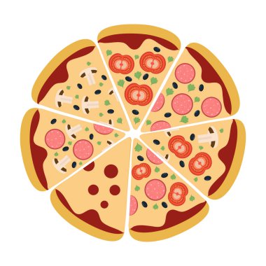 Menüde kullanmak için farklı dolgularla dilimlenmiş pizza. 