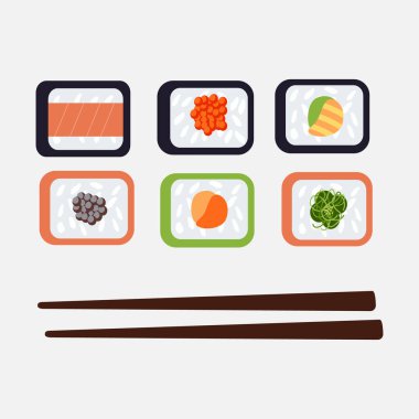 Clipart veya restaurant menüsünde kullanmak için çubuklu bir suşi seti.