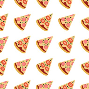 Restoran tasarımı için sosisli ve domatesli pizza dilimleri.