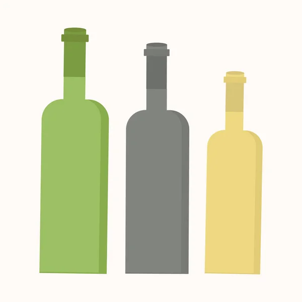 Três garrafas de vidro de cores diferentes em um fundo claro —  Vetores de Stock