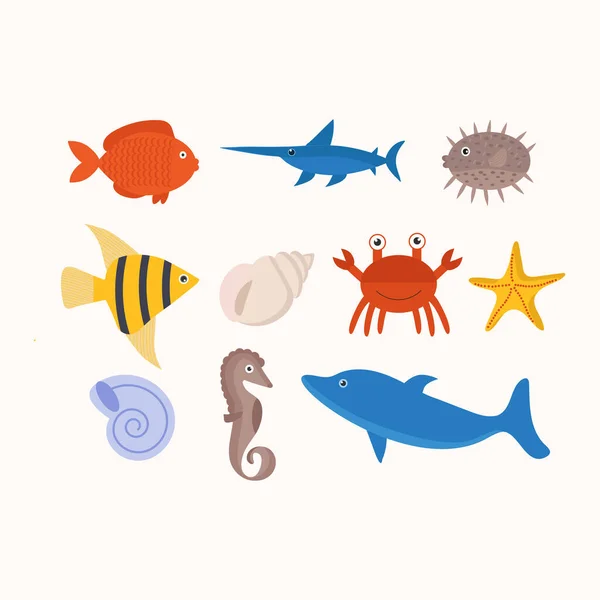 Conjunto de animais marinhos sobre fundo branco — Vetor de Stock