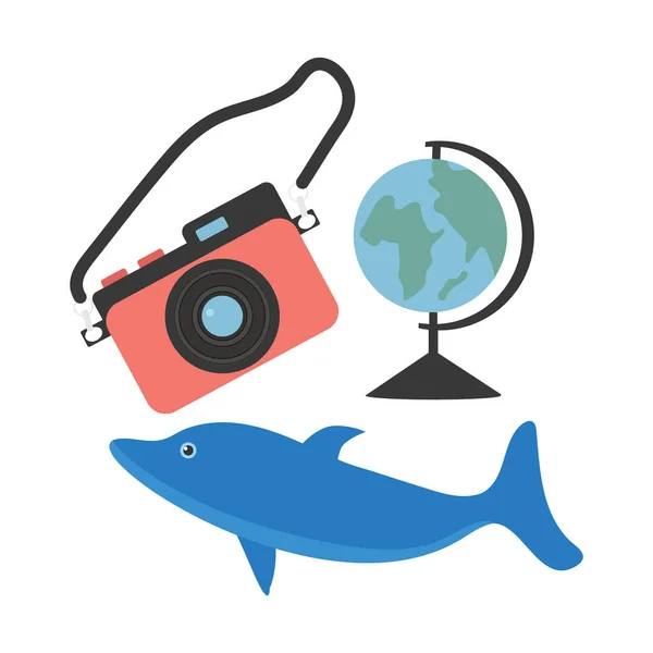 Dibujos animados conjunto globo delfín cámara sobre un fondo blanco — Archivo Imágenes Vectoriales