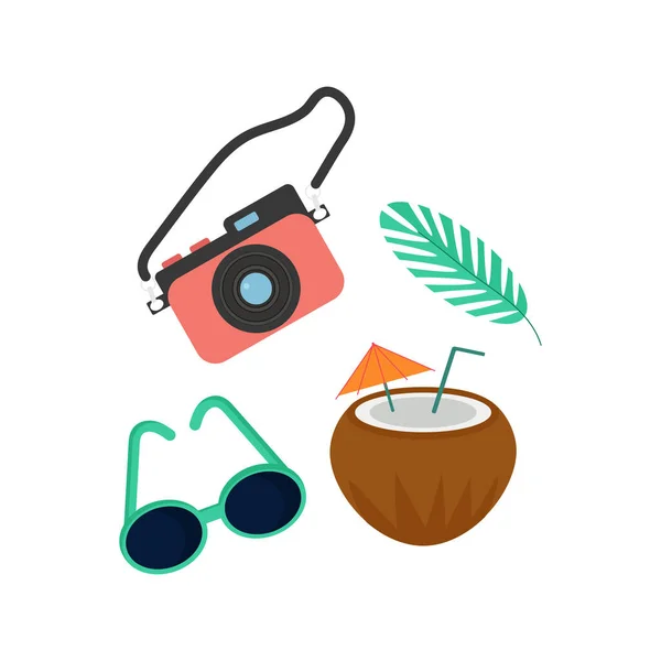 Conjunto de cámara, vasos, rama de coco y palma — Vector de stock