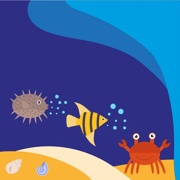 Bandeira marinha um modelo de peixe e caranguejo no oceano — Vetor de Stock