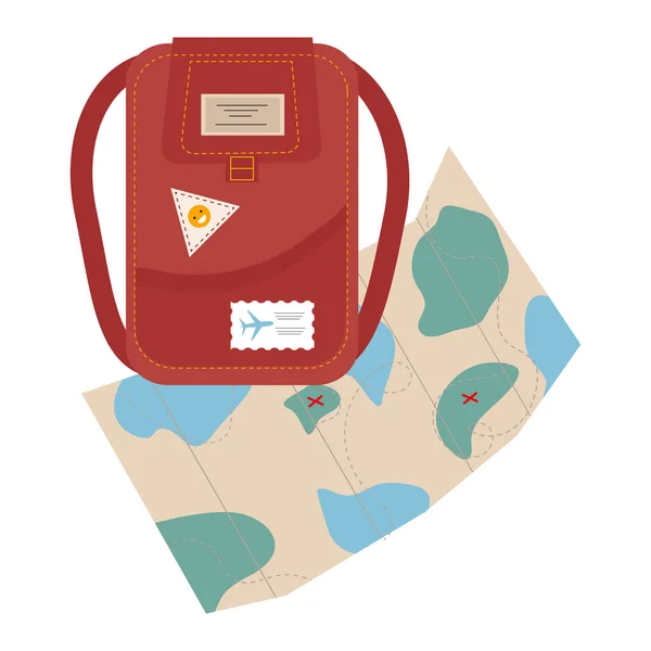 Turizm bürosunun tasarımı için sırt çantası ve harita — Stok Vektör