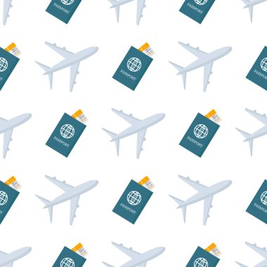 Beyaz arkaplanda uçak ve pasaport deseni