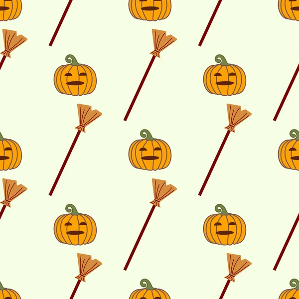 Pattern of pumpkin and broom for holiday of halloween. Vector isolated image for web design or textiles