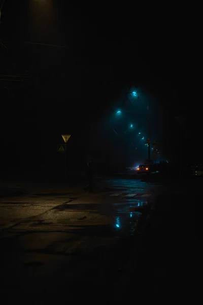 Noche Camino Vacío Con Luz Azul Amarilla — Foto de Stock