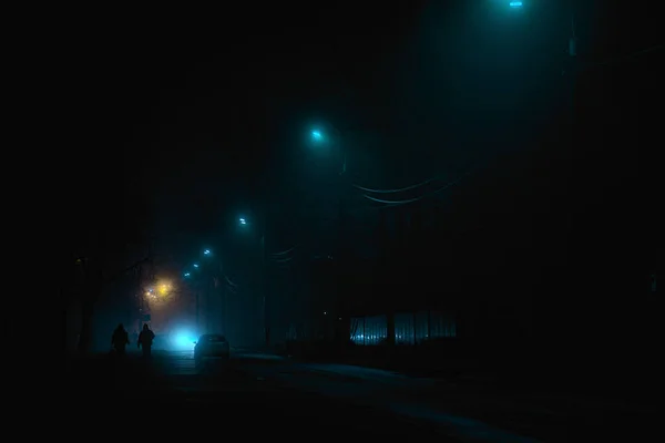 Noche Camino Vacío Con Luz Azul Amarilla —  Fotos de Stock