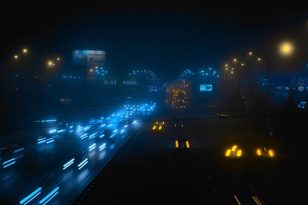 Carretera Nocturna Con Coches Luces —  Fotos de Stock
