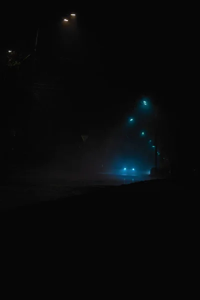 Route Nuit Dans Brouillard Avec Phares Voiture — Photo
