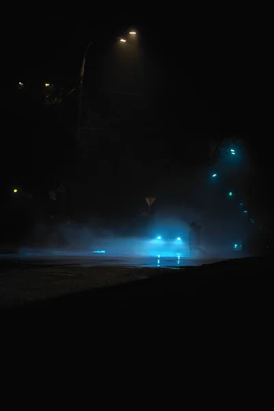 Night Road Fog Car Headlights — Stock Photo, Image