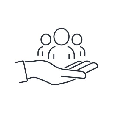 Bir el bir grup insanı kaldırır. Fırsatları arttır. Toplu profesyonel büyüme. Yeni bir seviyeye ulaşıyorum. Beyaz arkaplanda izole edilmiş vektör doğrusal simgesi.