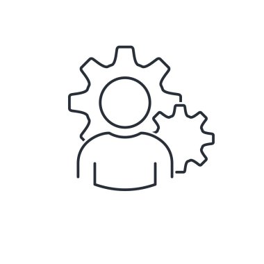 İnsan ve mekanizma dişlileri. Süreç Kontrol Sihirbazı. Beyaz arkaplanda izole edilmiş vektör doğrusal simgesi