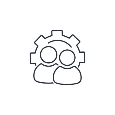 Dişlilerin arka planındaki insanlar. Bir grup teknik uzman. Beyaz arkaplanda izole edilmiş vektör doğrusal simgesi