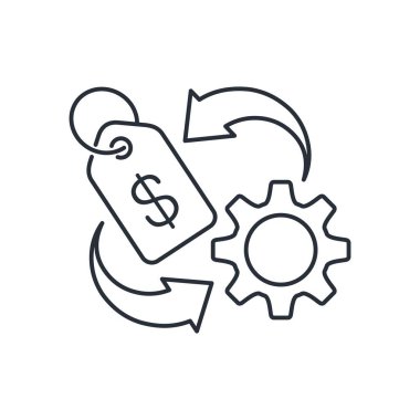 Bir ürünü fiyatlandırma süreci. Beyaz arkaplanda izole edilmiş vektör doğrusal illüstrasyon