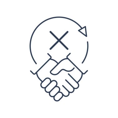 Bir el sıkışma ve bir haç. Anlaşmazlık, ilişki kopukluğu. Beyaz arkaplanda izole edilmiş vektör doğrusal simgesi.