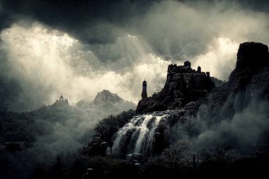 A dark fantasy painting of a castle on top of a mountain above a waterfall.