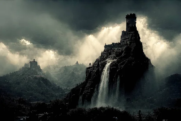 A dark fantasy painting of a castle on top of a mountain above a waterfall.