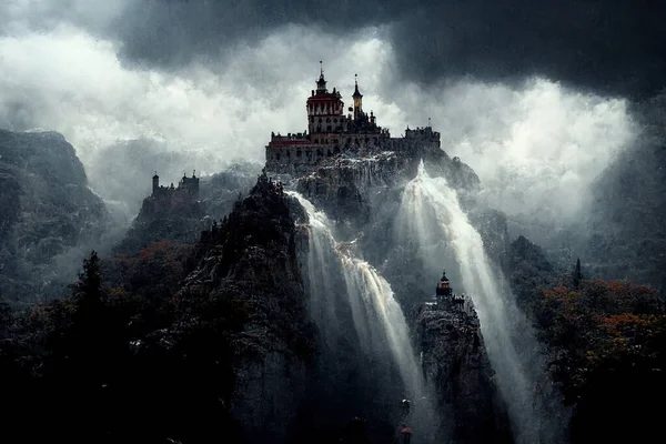 A dark fantasy painting of a castle on top of a mountain above a waterfall.