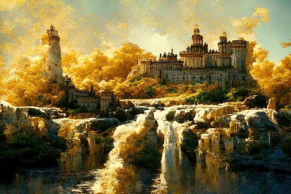 Fantasy painting of a castle on top of a mountain above a waterfall.