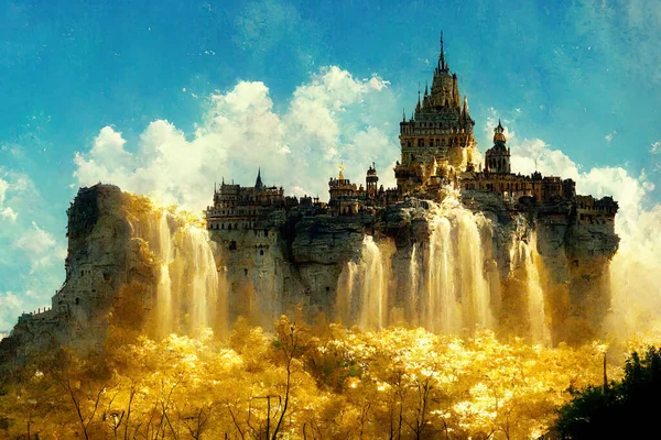 Fantasy painting of a castle on top of a mountain above a waterfall.