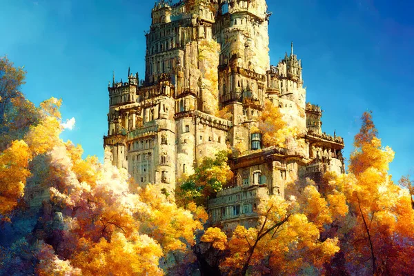 Fantasy painting of a castle surrounded by autumn trees with blue sky background.