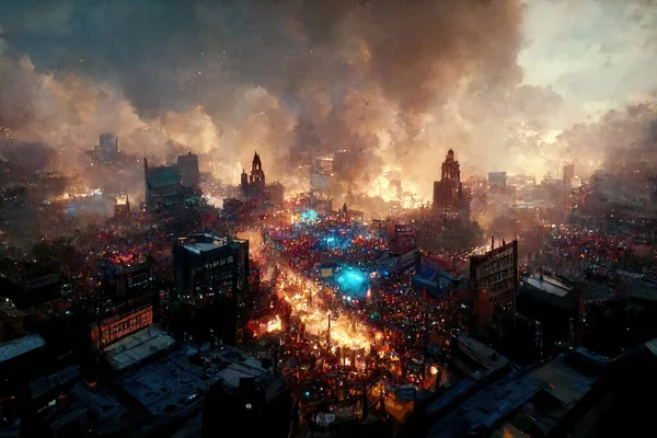 Painting Aerial View City Full Riots — Fotografia de Stock