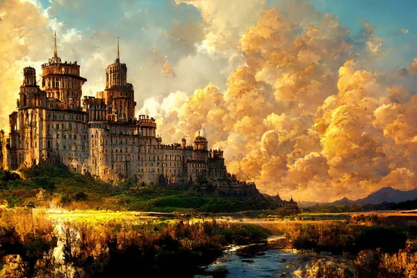 Fantasy painting of a castle with a golden sky background.