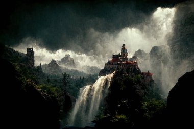 A dark fantasy painting of a castle on top of a mountain above a waterfall.