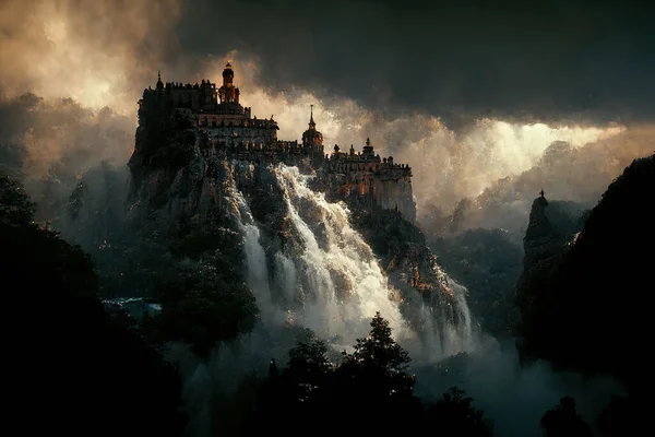 A dark fantasy painting of a castle on top of a mountain above a waterfall.