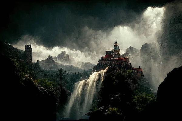 Dark Fantasy Painting Castle Top Mountain Waterfall — ストック写真