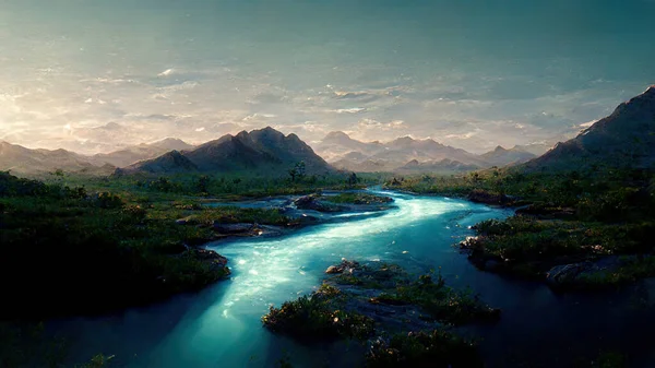 Digital Painting High Angle View Stream Mountains Background — Zdjęcie stockowe