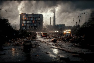 Digital painting of deteriorating urban conditions after the war.