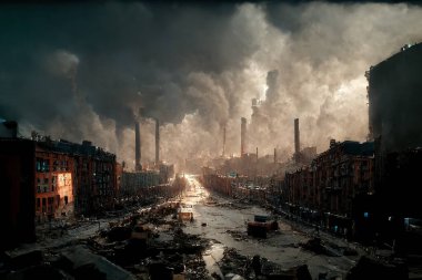 Digital painting of deteriorating urban conditions after the war.