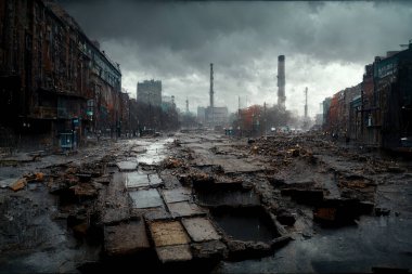 Digital painting of deteriorating urban conditions after the war.