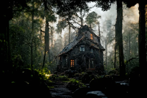 Digital painting of mysterious house in the deep forest.