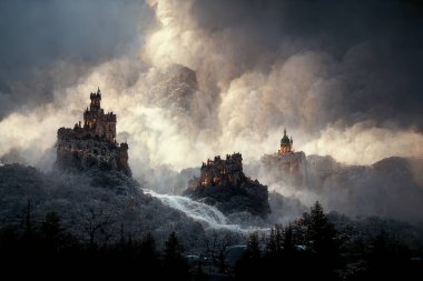 Dark fantasy painting of a castle on top of a mountain above a waterfall.